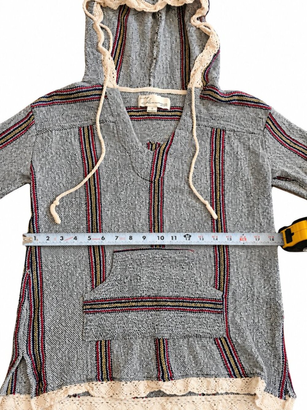 Vintage Havana Baja Hoodie Womens Small 100% Cotton Striped Crochet Trim Boho - Picture 8 of 9